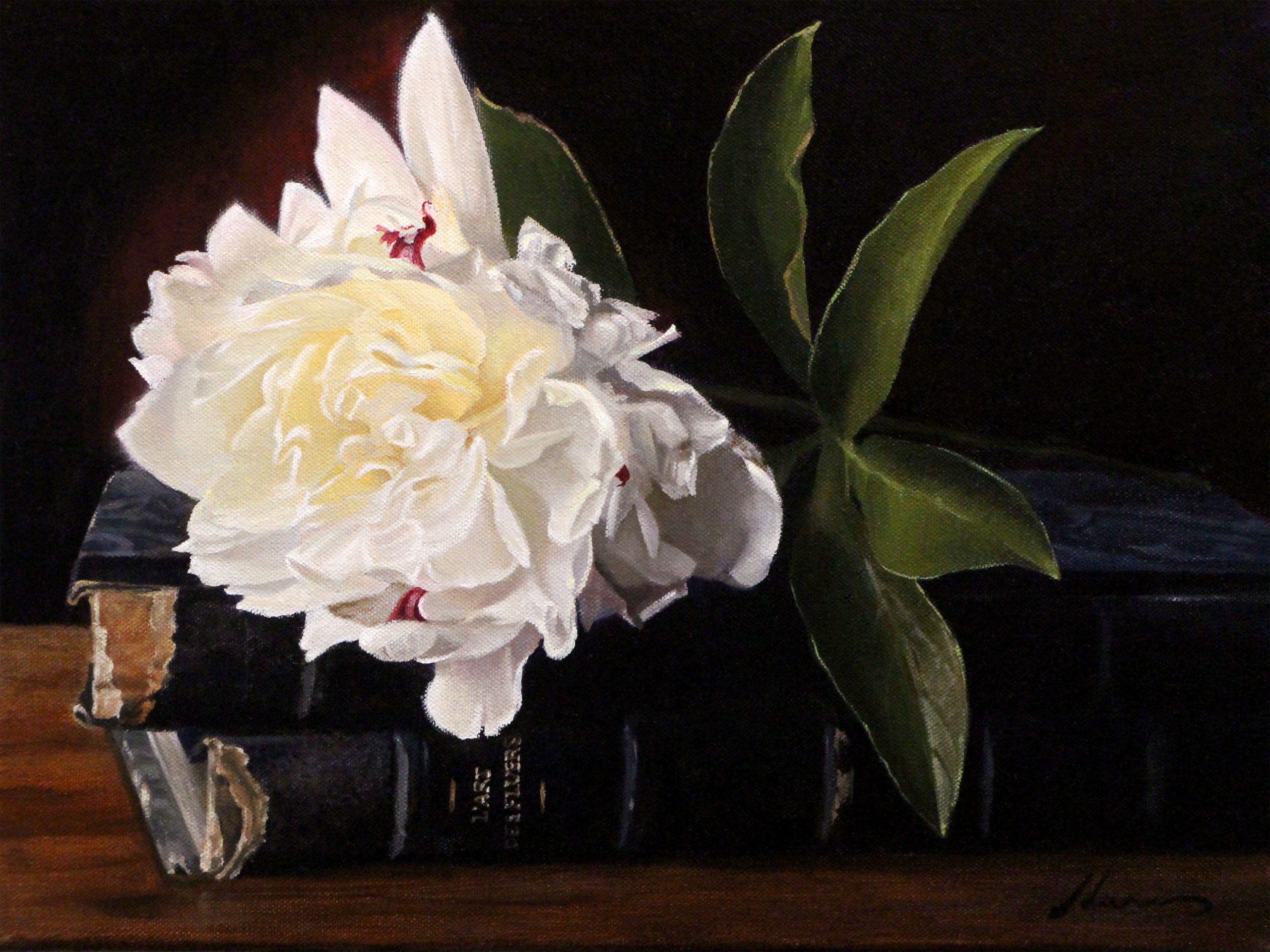 Step-by-step oil painting of a Peony